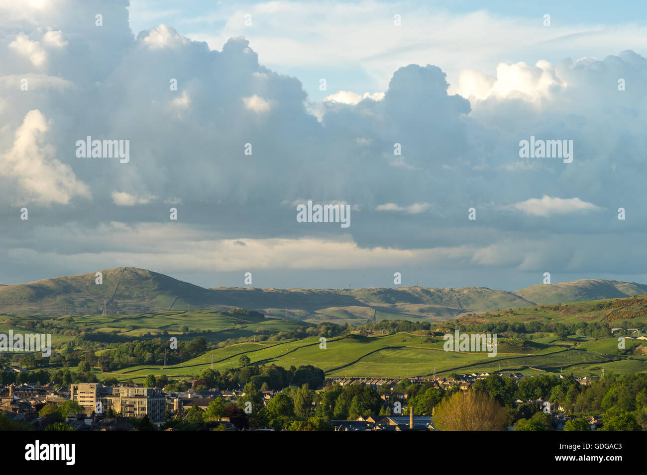 An evening view over Kendal looking up towards Kentmere. Stock Photo
