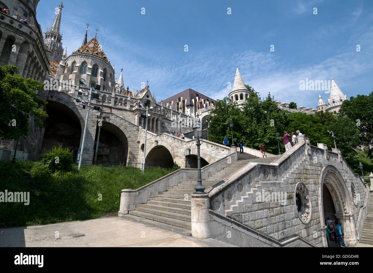 A flight of steps leading up to the Fisherman's Bastion. It  is a terrace in neo-Gothic and neo-Romanesque style and offers pano Stock Photo