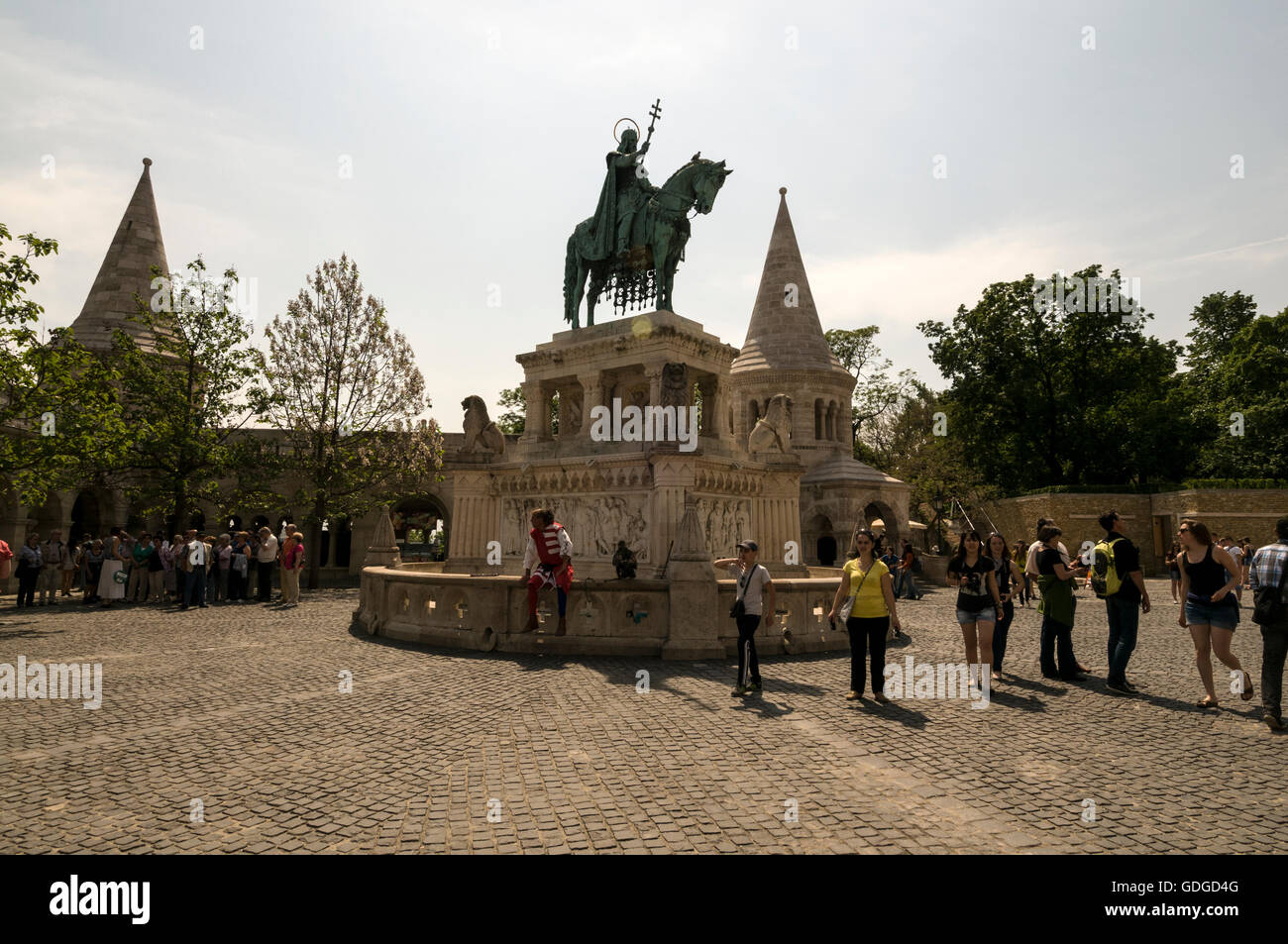 A statue of Saint Stephen, Grand Prince of the Hungarians and the first King of Hungary in the Fishermen's Bastion close to the Stock Photo