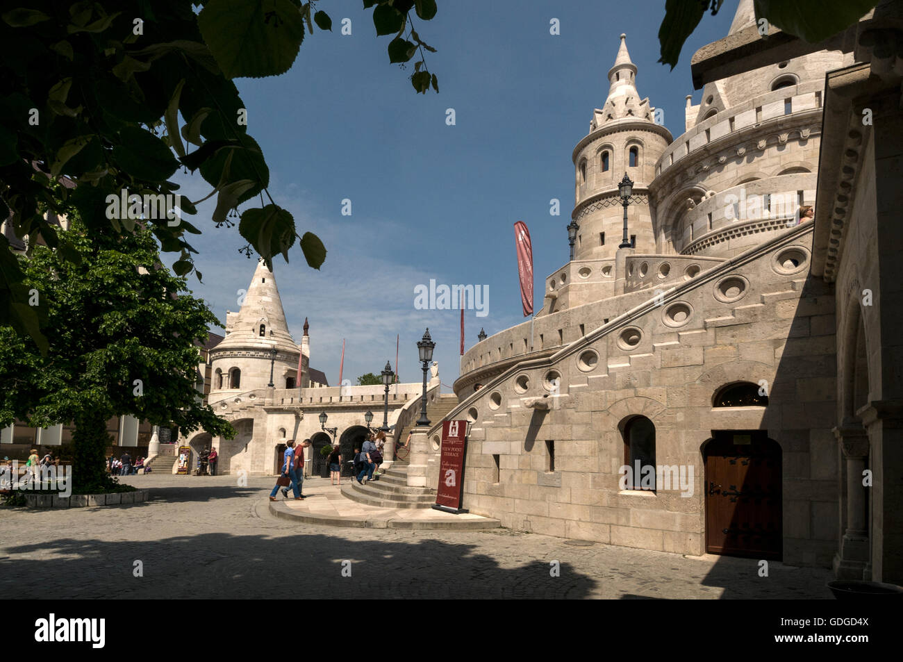 The Fisherman's Bastion is a terrace in neo-Gothic and neo-Romanesque style, offering panorama views of the River Danube at Buda Stock Photo