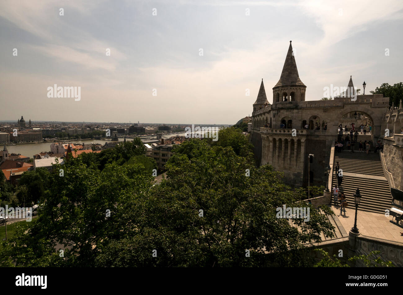 Two of the seven towers at  Fisherman's Bastion terrace in neo-Gothic and neo-Romanesque style. It offers panoramic views of the Stock Photo