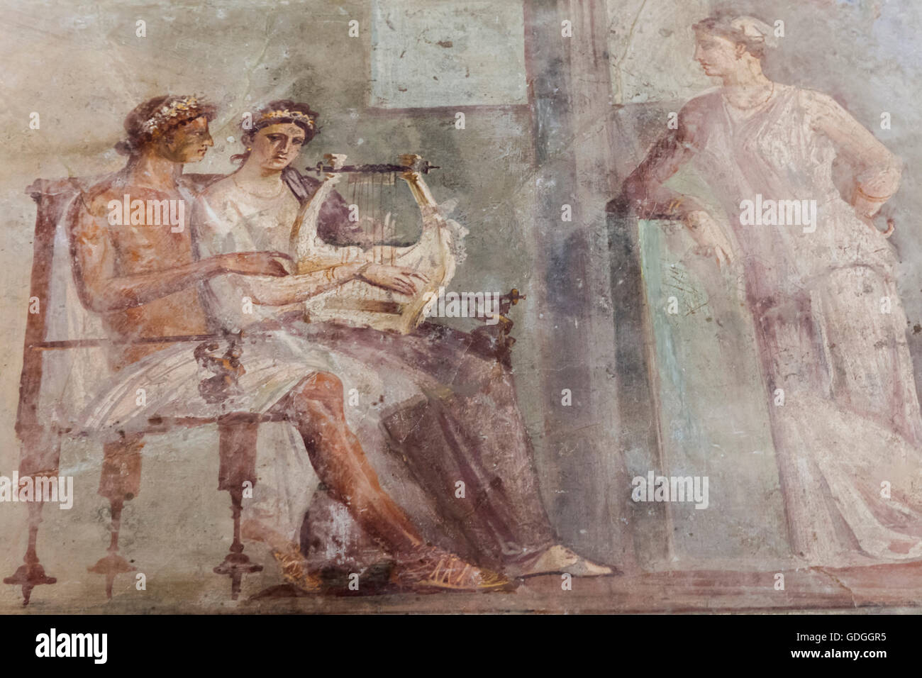 England,London,British Museum,Roman Empire Room,Roman Fresco of a Woman Playing the Lyre from Pompeii dated AD 50-79 Stock Photo