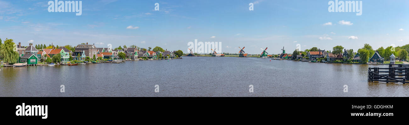 Zaandam,Zaandijk,Noord-Holland,Windmill panorama on the banks of the river Zaan Stock Photo