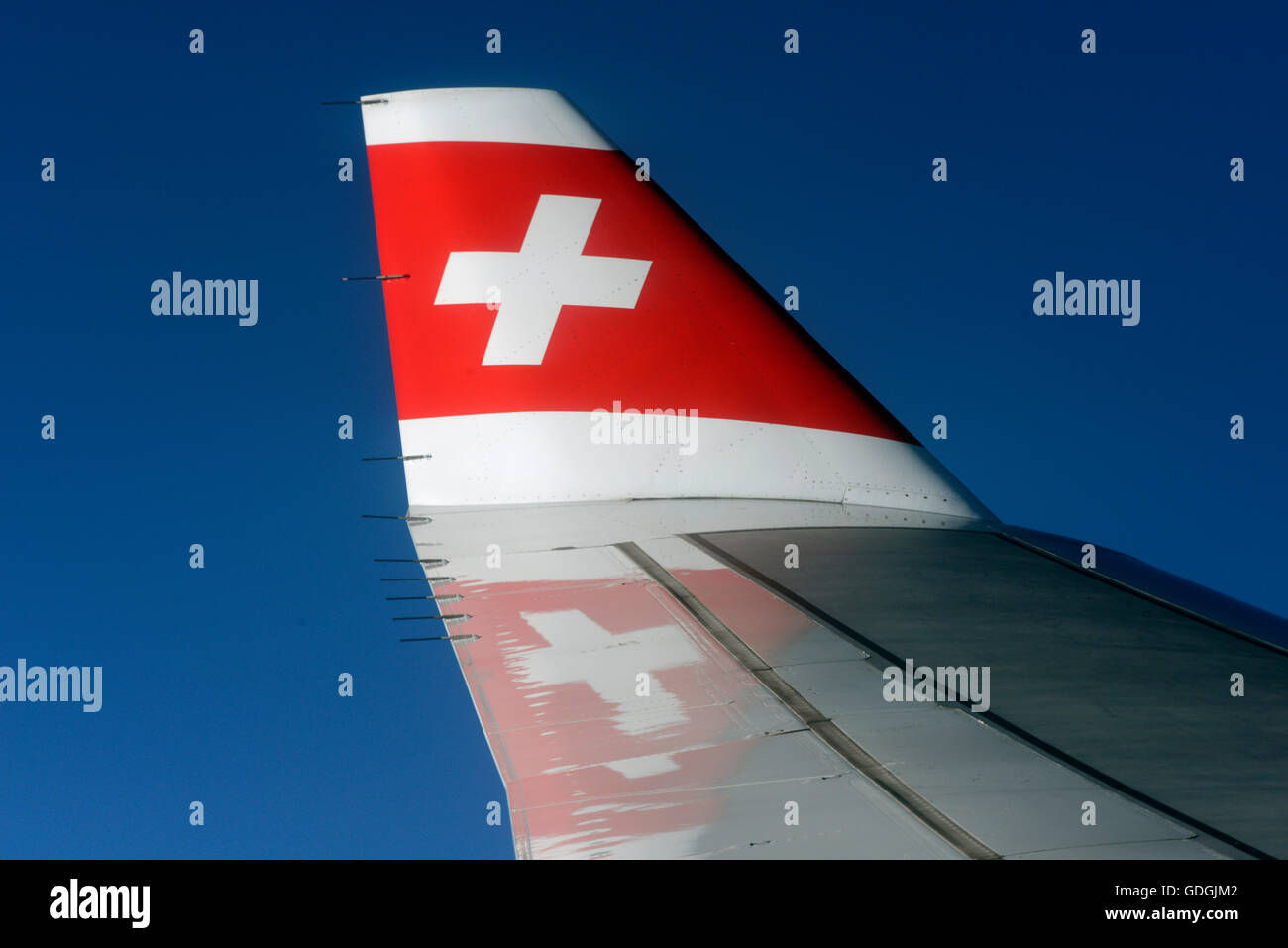 a airplane of Swiss Airlines on the way to Bangkok in Thailand in Suedostasien. Stock Photo