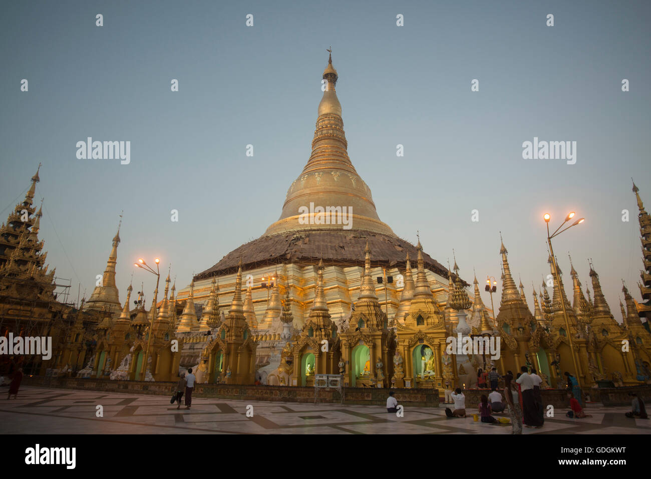 the architecture in the Shwedagon Paya Pagoda in the City of Yangon in Myanmar in Southeastasia. Stock Photo