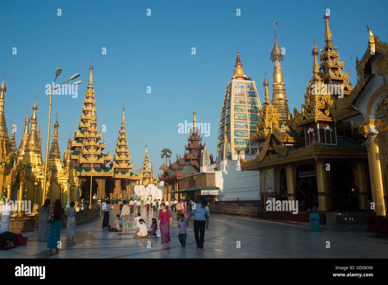 the architecture in the Shwedagon Paya Pagoda in the City of Yangon in Myanmar in Southeastasia. Stock Photo