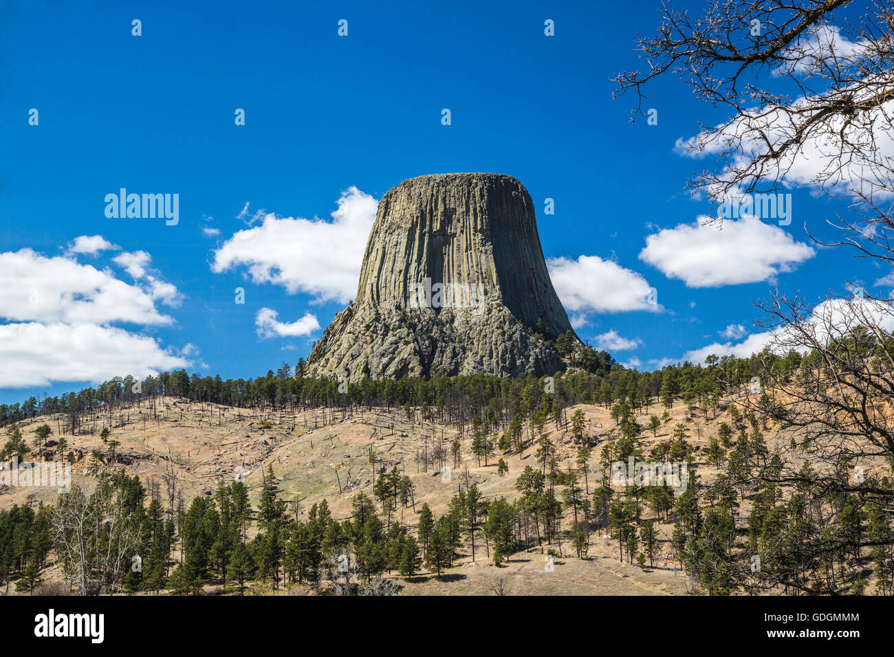 Devils Tower, a United States National Monument in State of  Wyoming Stock Photo