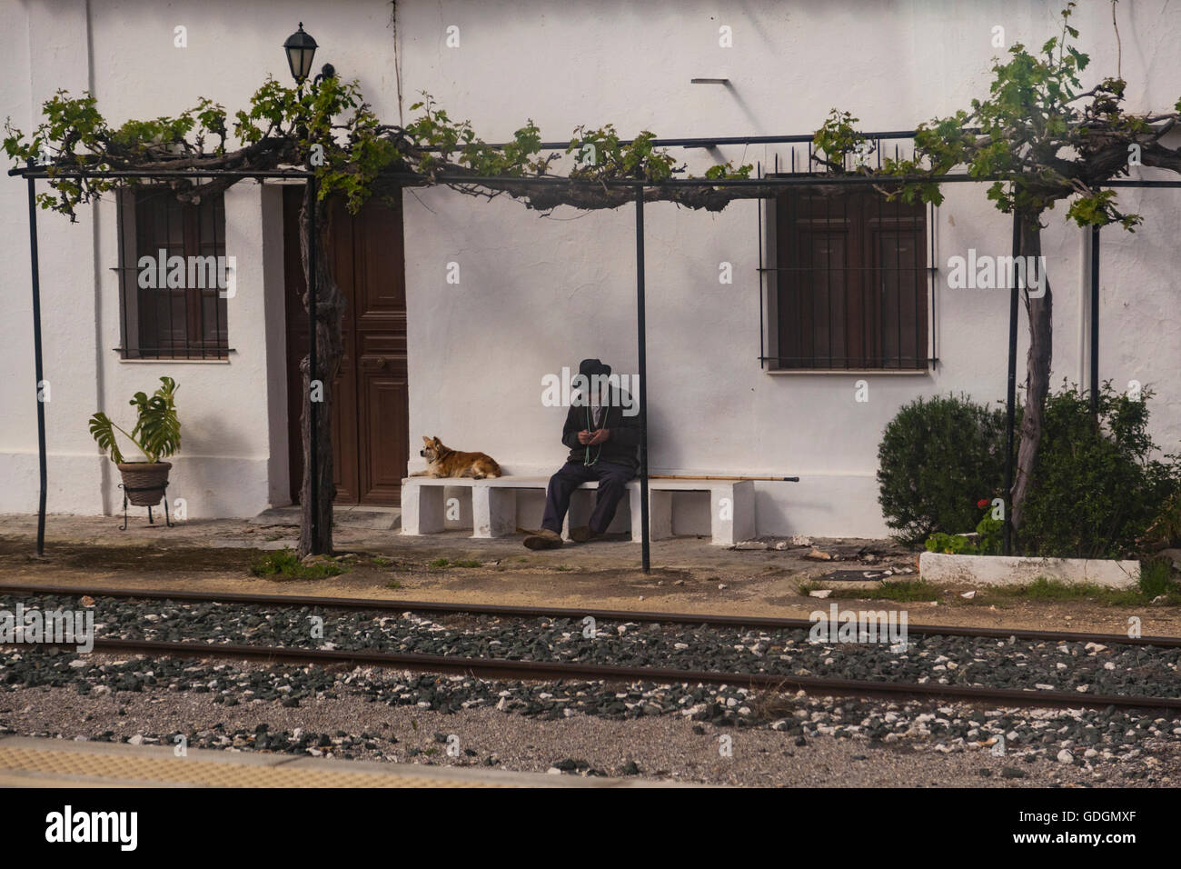 A Spaniard and his dog outside his house facing railway tracks near Madrid, Spain Stock Photo