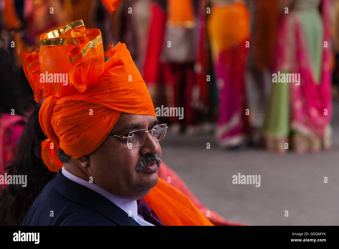 A Rajasthan man wearing a bright turban at a wedding. Stock Photo