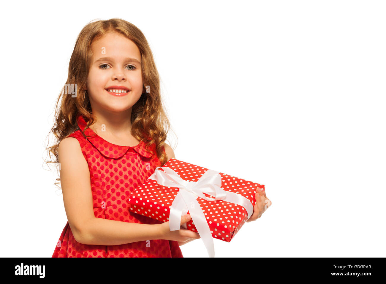 Portrait of a girl hold small present on white Stock Photo - Alamy