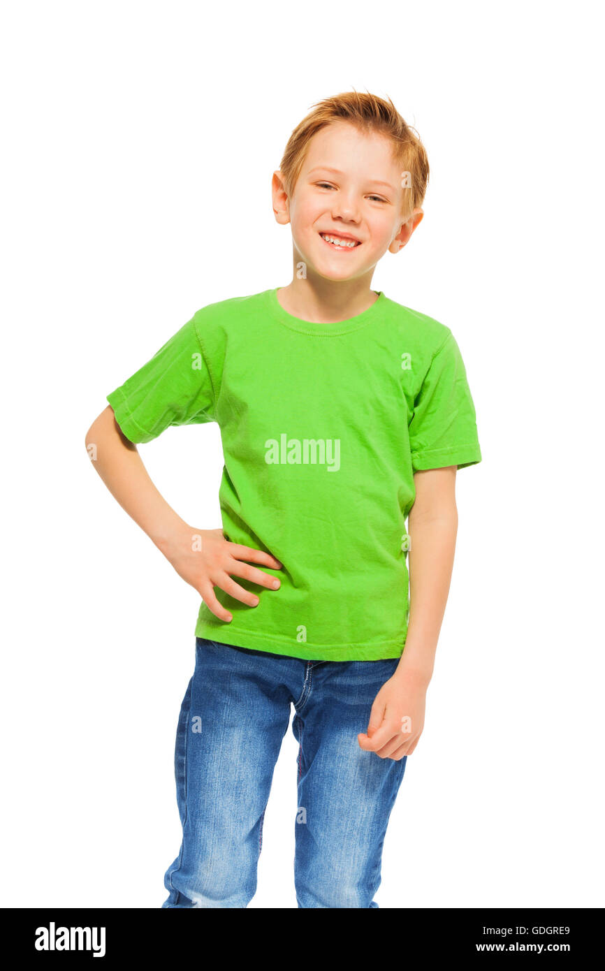 Happy smiling boy in green t-shirt and denim Stock Photo - Alamy