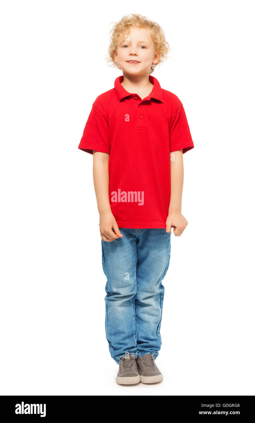 Portrait of blond curly-haired boy in polo shirt Stock Photo