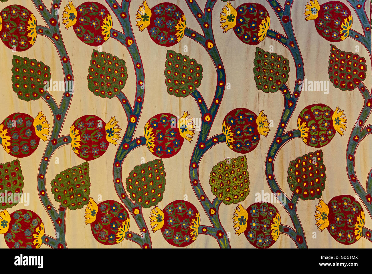 Piece of an old textile representing pomegranate design. Stock Photo