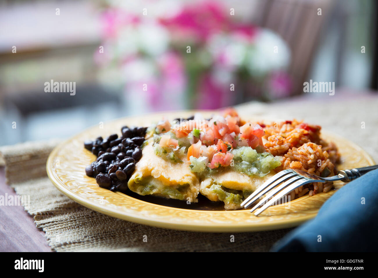 Vegetarian tamale dinner with black beans and rice topped with pico de gallo and salsa verde. Stock Photo