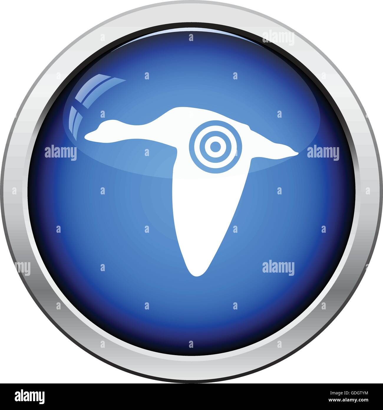 Flying duck  silhouette with target  icon. Glossy button design. Vector illustration. Stock Vector