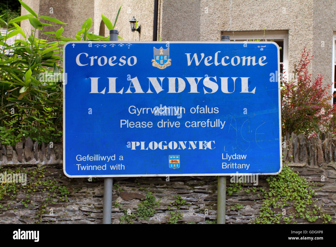Blue to Llandysul, Ceredigion sign, twinned with Brittany