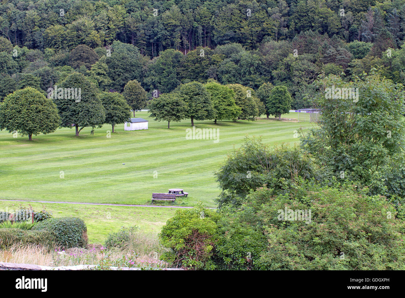 View of Llandysul playing fields in Ceredigion, Wales.  Freshly mowed playing field with stripes. Stock Photo