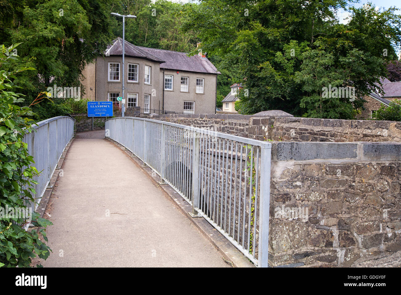 Footbridge over River Teifi into Llandysul, Ceredigion. This is a small welsh town in West Wales. Stock Photo