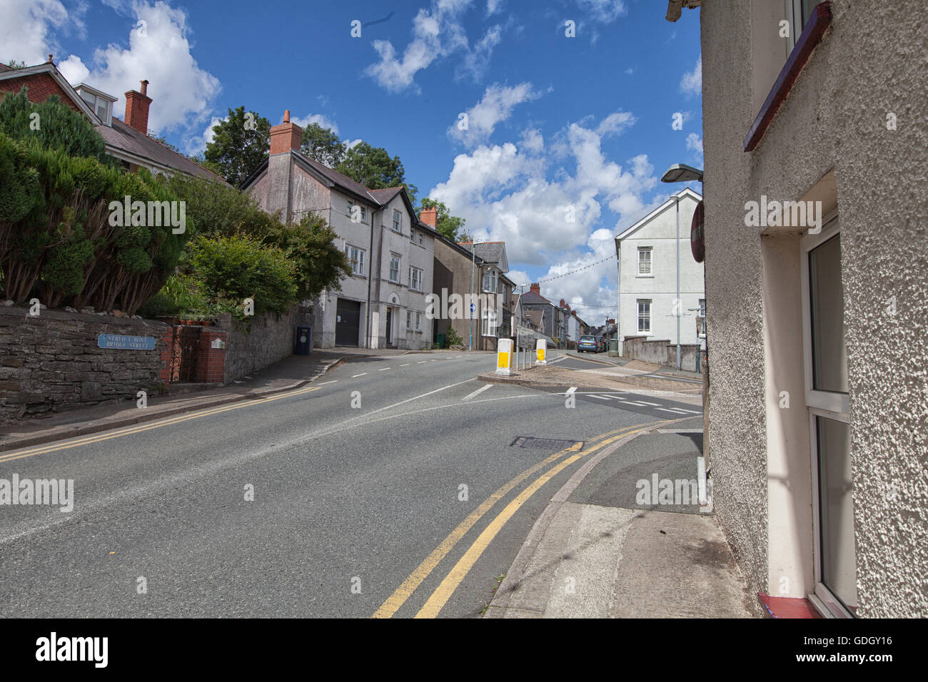 Road through Llandysul, Ceredigion. A small welsh town in West Wales. Stock Photo