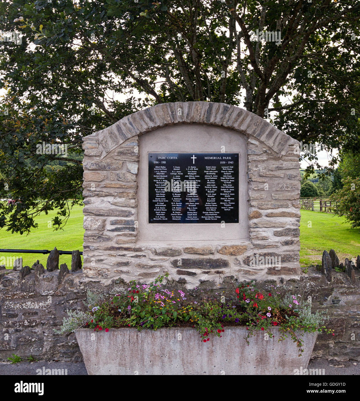 The war memorial monument in Llandysul park, Ceredigion, Wales. Stock Photo