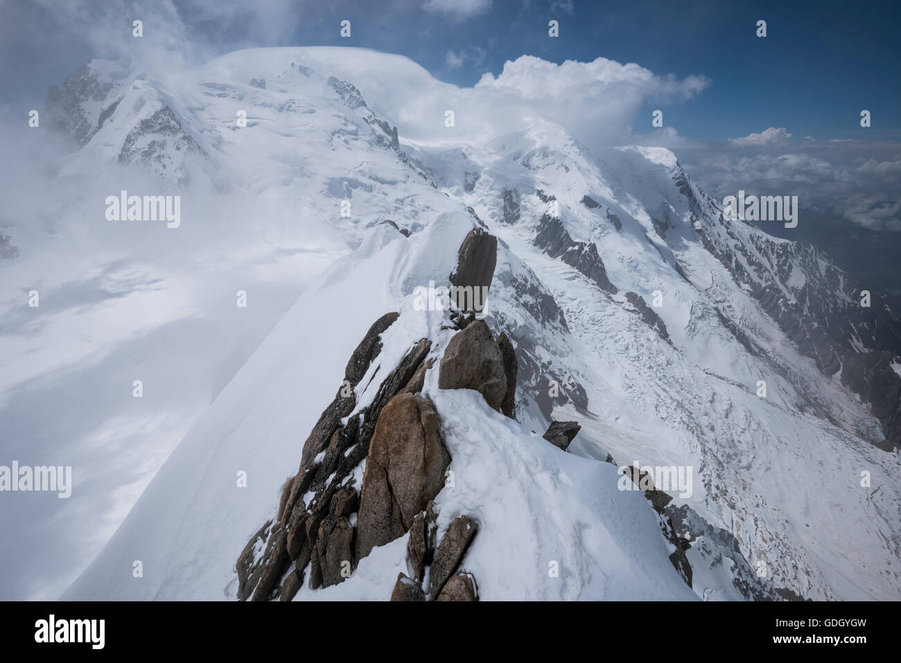 View of Mont Blanc massif from Aiguille du Midi Stock Photo
