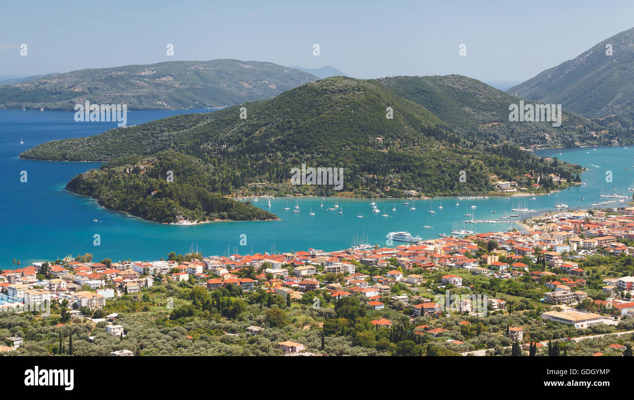 Vlychos bay and Nidri town Lefkada, Greece. View over town of Nidri Stock Photo