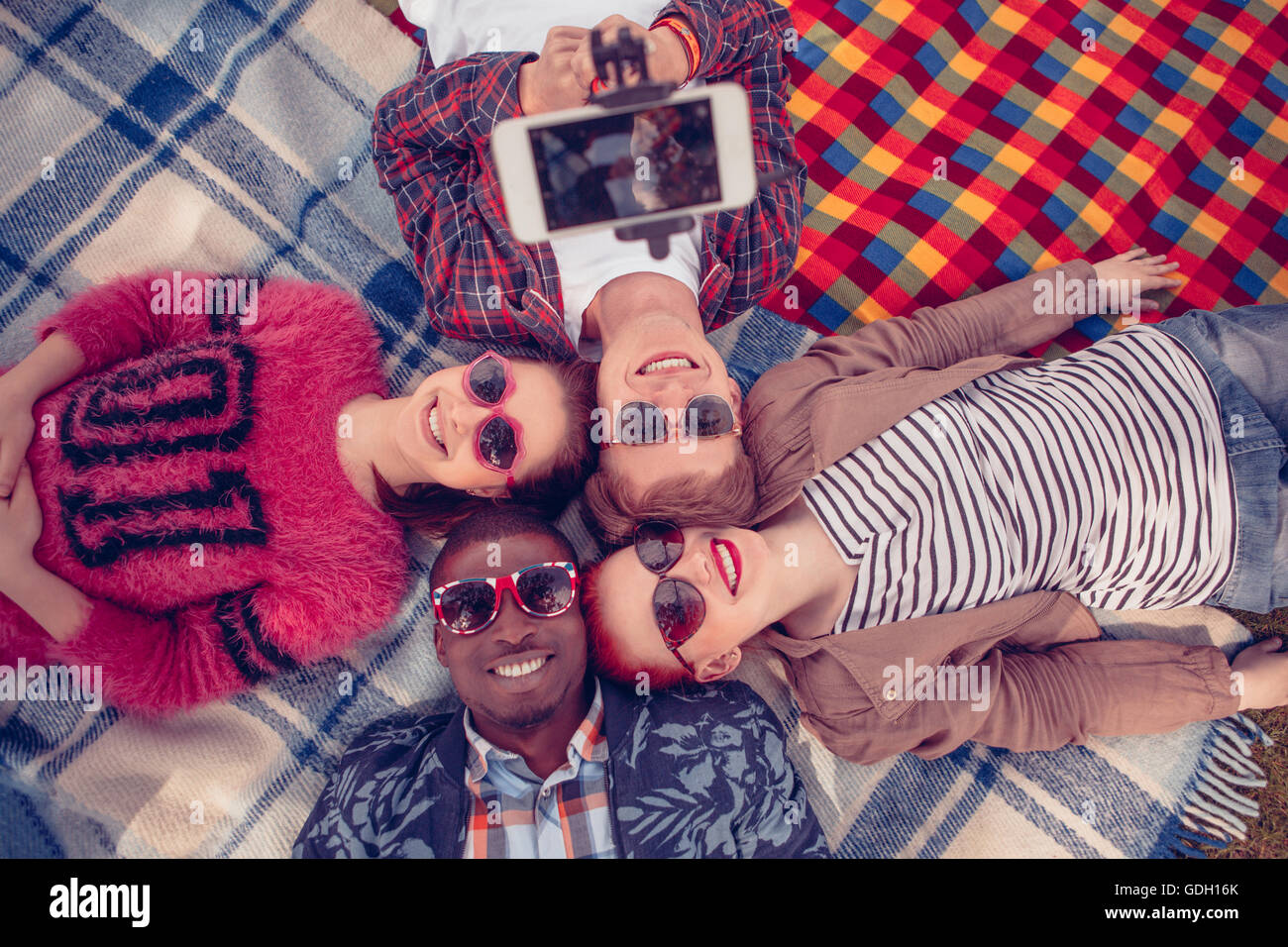 Best friends making selfies on picnic Stock Photo Alamy
