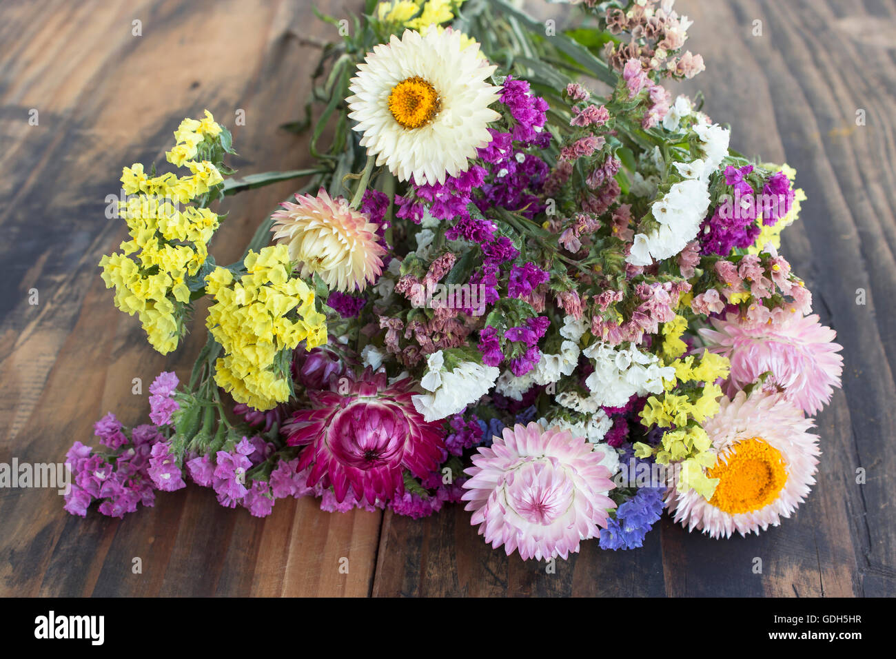 Bouquet of Flowers, Statice and Strawflower ( Limonium Sinuatum and Helichrysum Bracteatum ). Stock Photo