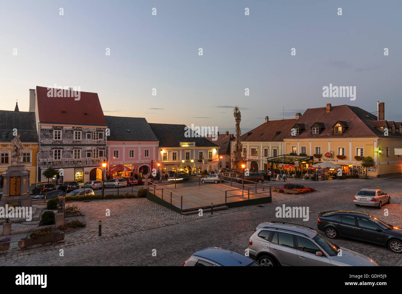 Weitra: Town Square with Trinity Column, Austria, Niederösterreich, Lower Austria, Waldviertel Stock Photo