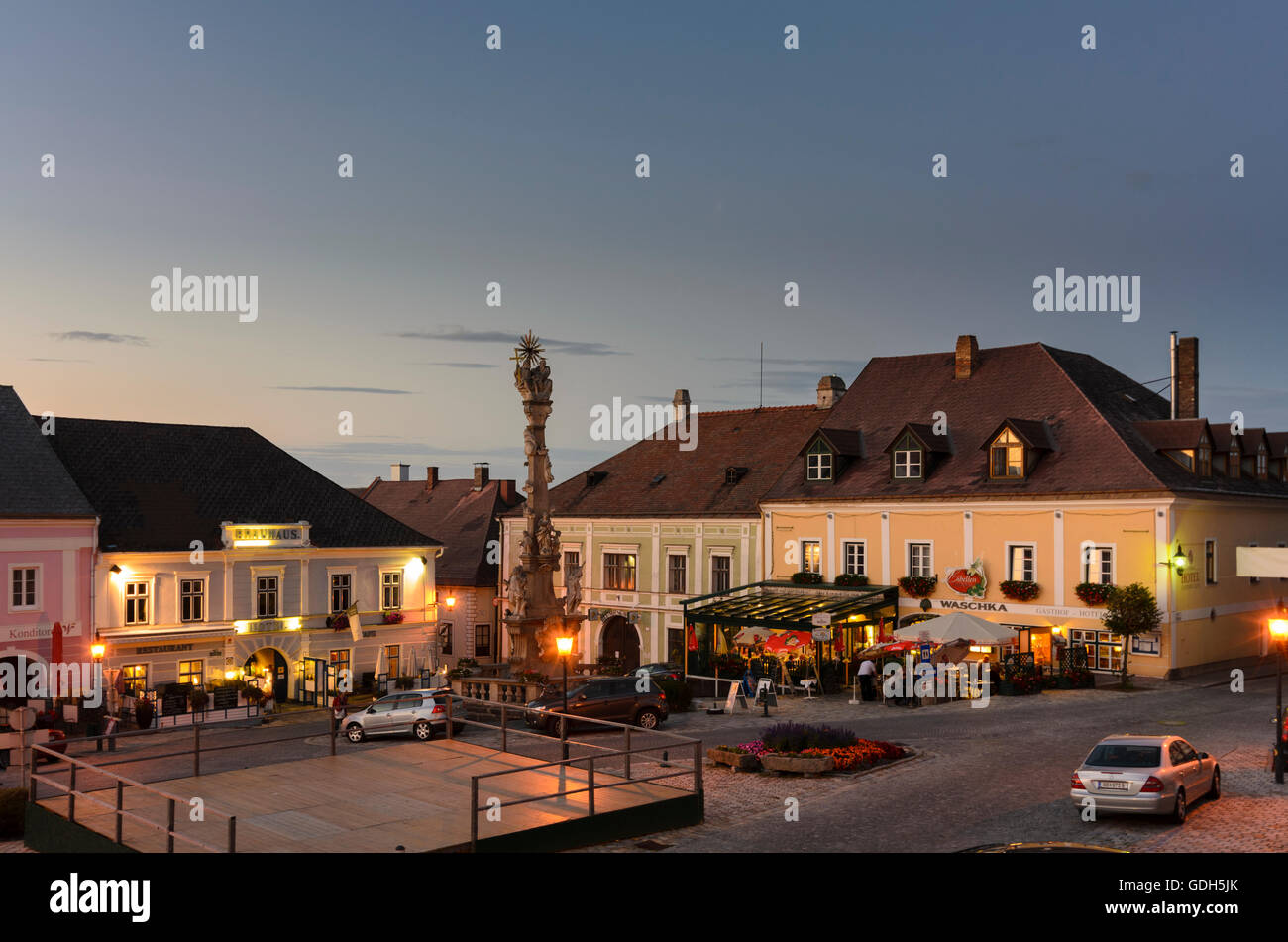 Weitra: Town Square with Trinity Column, Austria, Niederösterreich, Lower Austria, Waldviertel Stock Photo