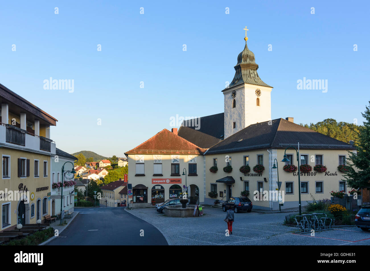 Gutau: Market Square, church in last evening light, Austria, Oberösterreich, Upper Austria, Mühlviertel Stock Photo