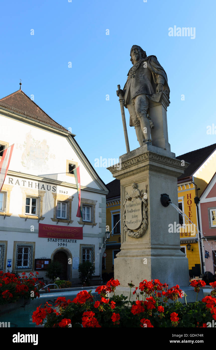 Grein: Town square with the Old Town Hall ( with City Theatre ) and Meggau Fountain, Austria, Oberösterreich, Upper Austria, Müh Stock Photo