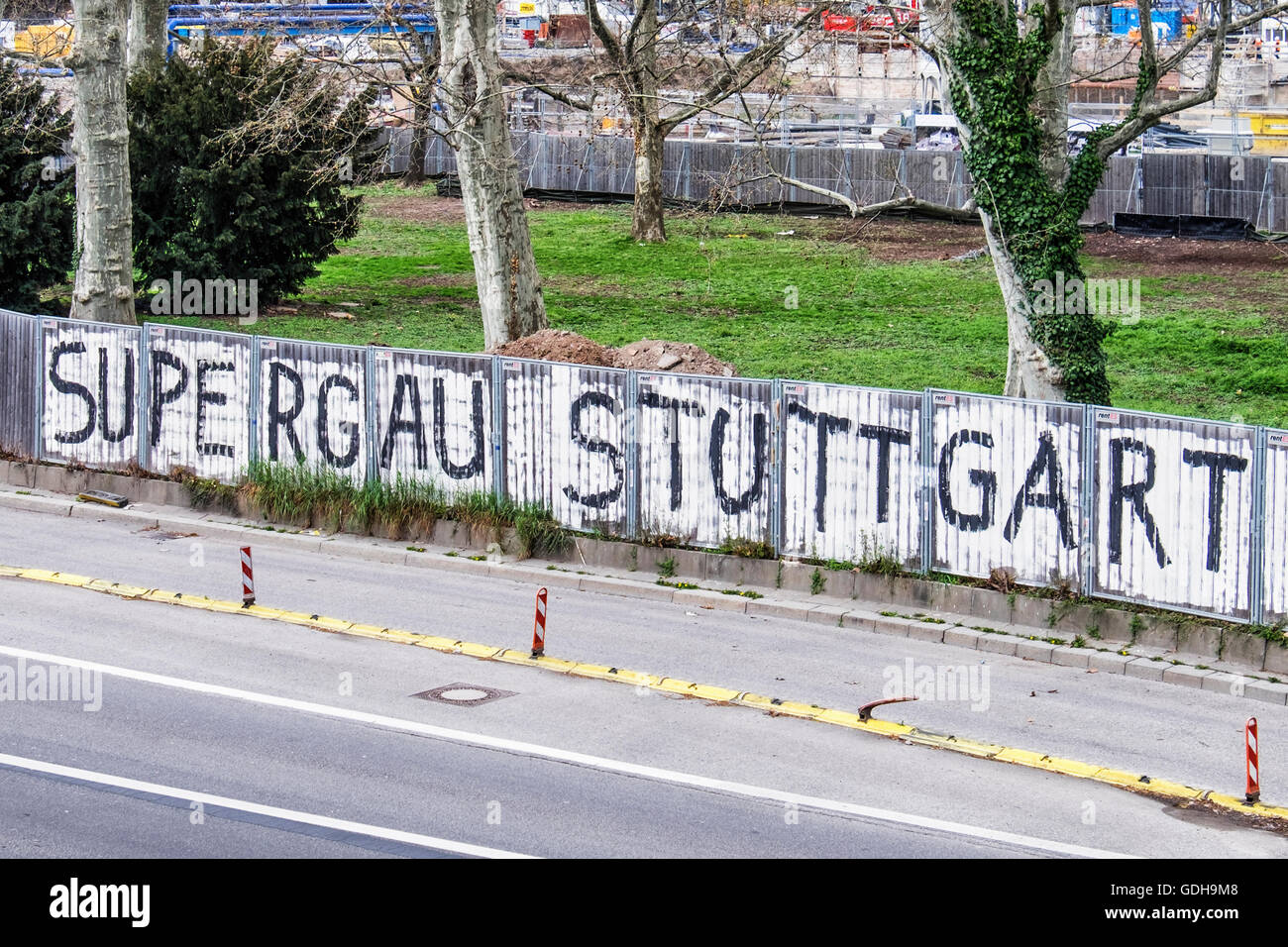 Stuttgat Arnulf-Klett-Platz, Arnulf Klett Square main street with Supergau Stuttgart lettering sign Stock Photo