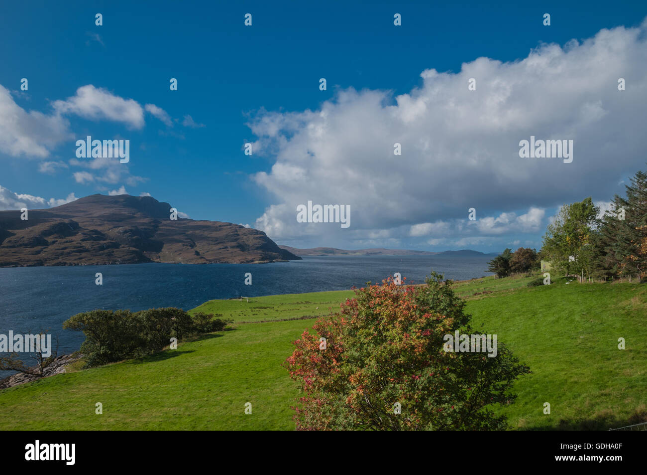 Autumn colours beside Loch Broom from Rhue nr Ullapool Ross & Cromarty Highland Scotland Stock Photo