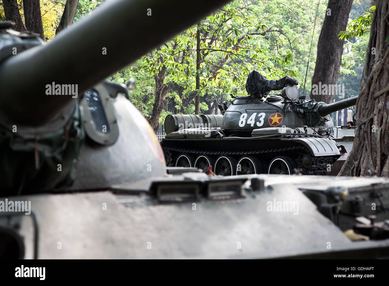Replica of the PAVN T-55 tank, numbered 843 and 390, who stormed the gates of the Presidential Palace on April 30, 1975 Stock Photo