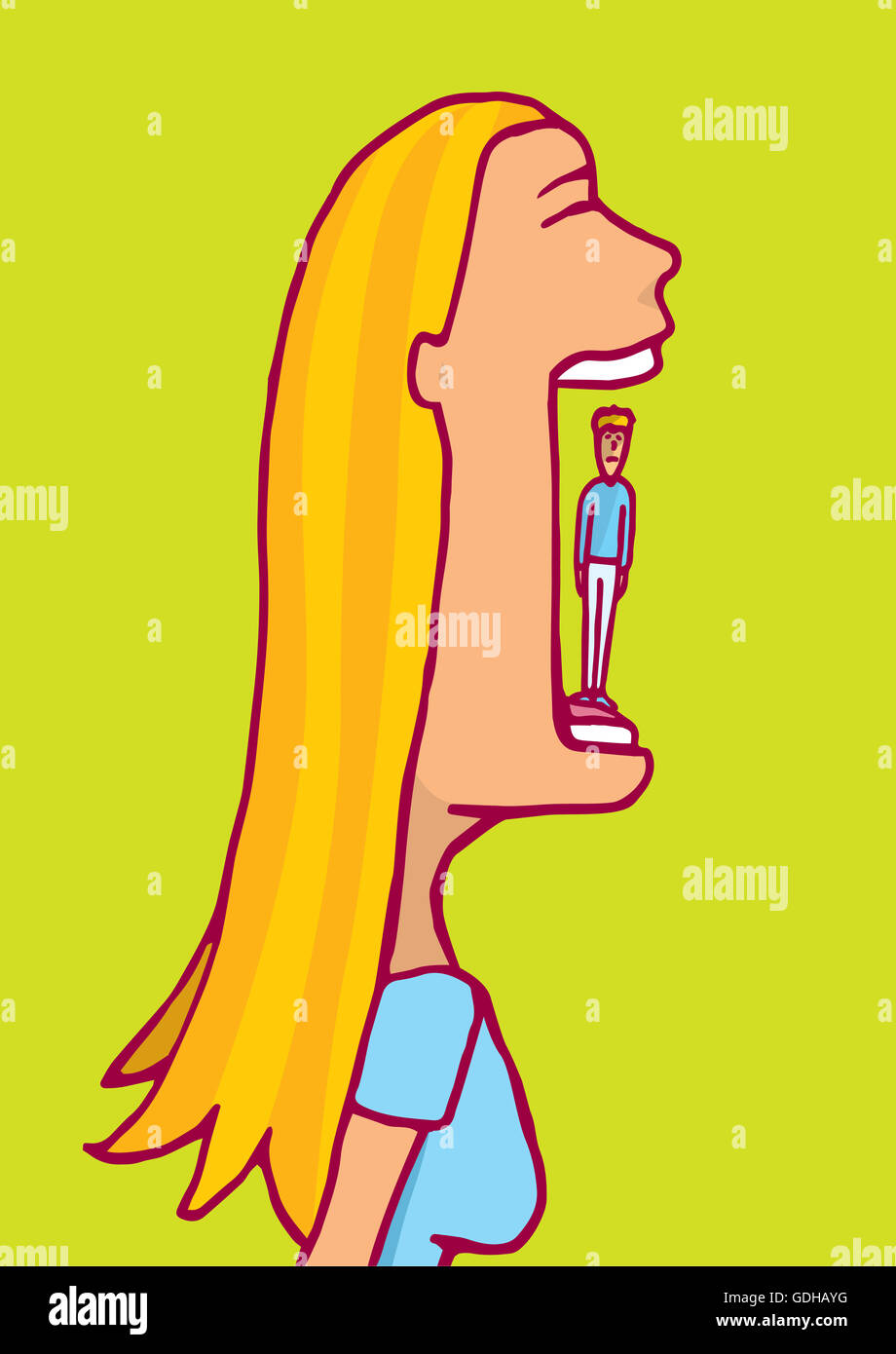 Cartoon illustration of a blonde woman about to eat a tiny man Stock Photo