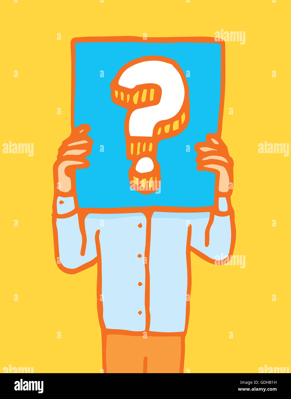 Cartoon illustration of a man keeping himself anonymous with a mystery sign Stock Photo