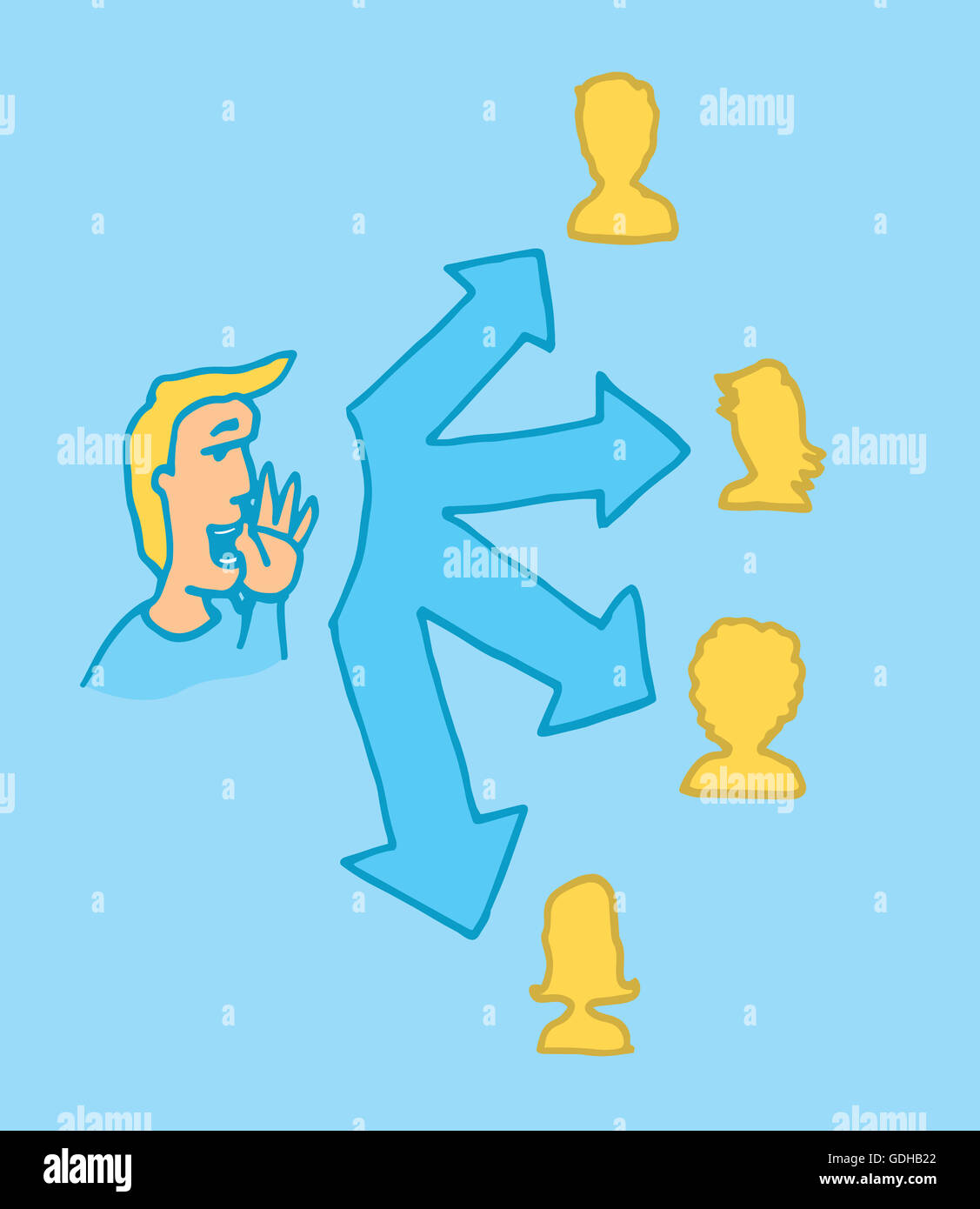 Cartoon illustration of a person sharing a social media message with four friends Stock Photo