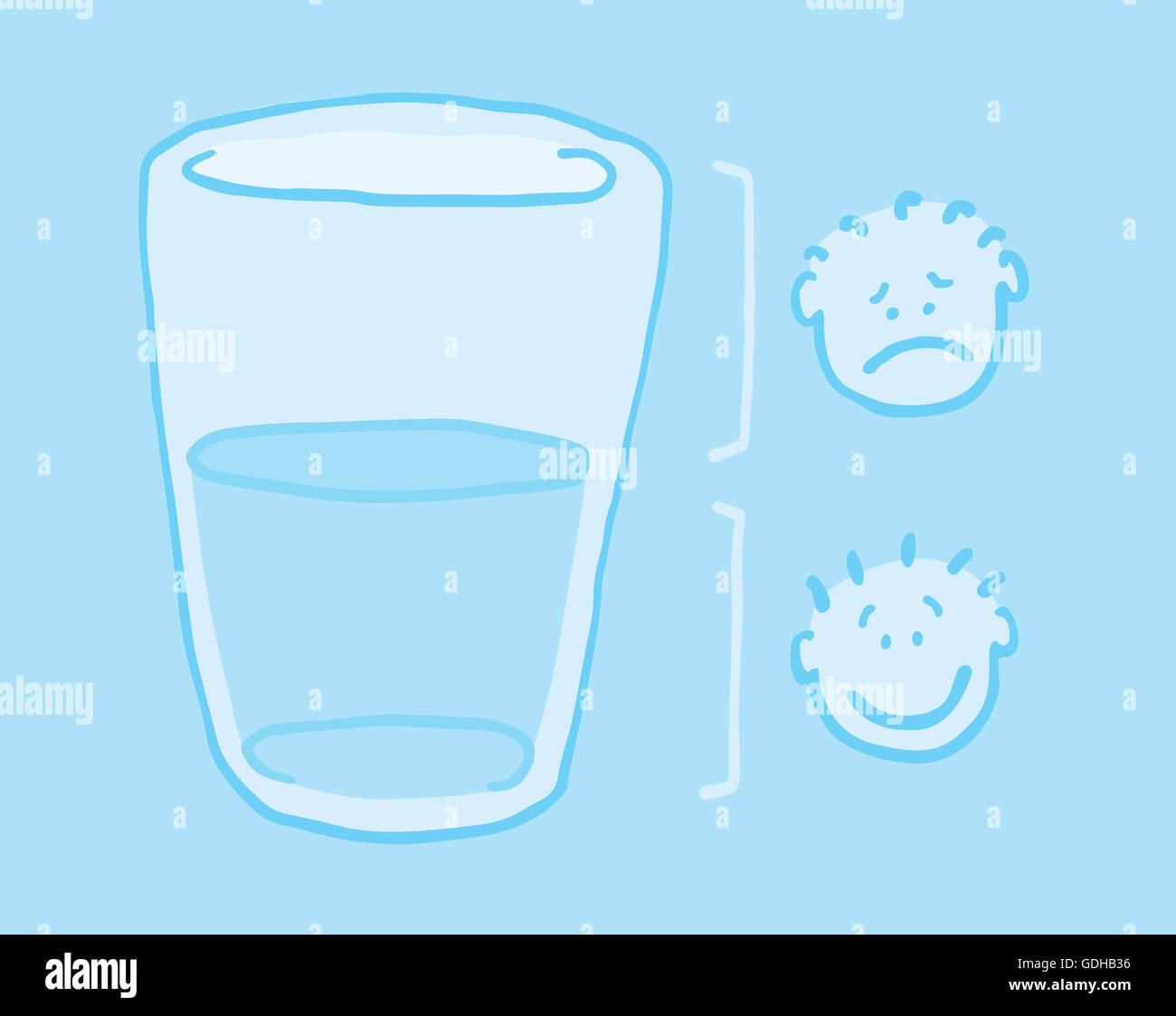 Cartoon illustration of two people looking at the glass half full and half empty Stock Photo