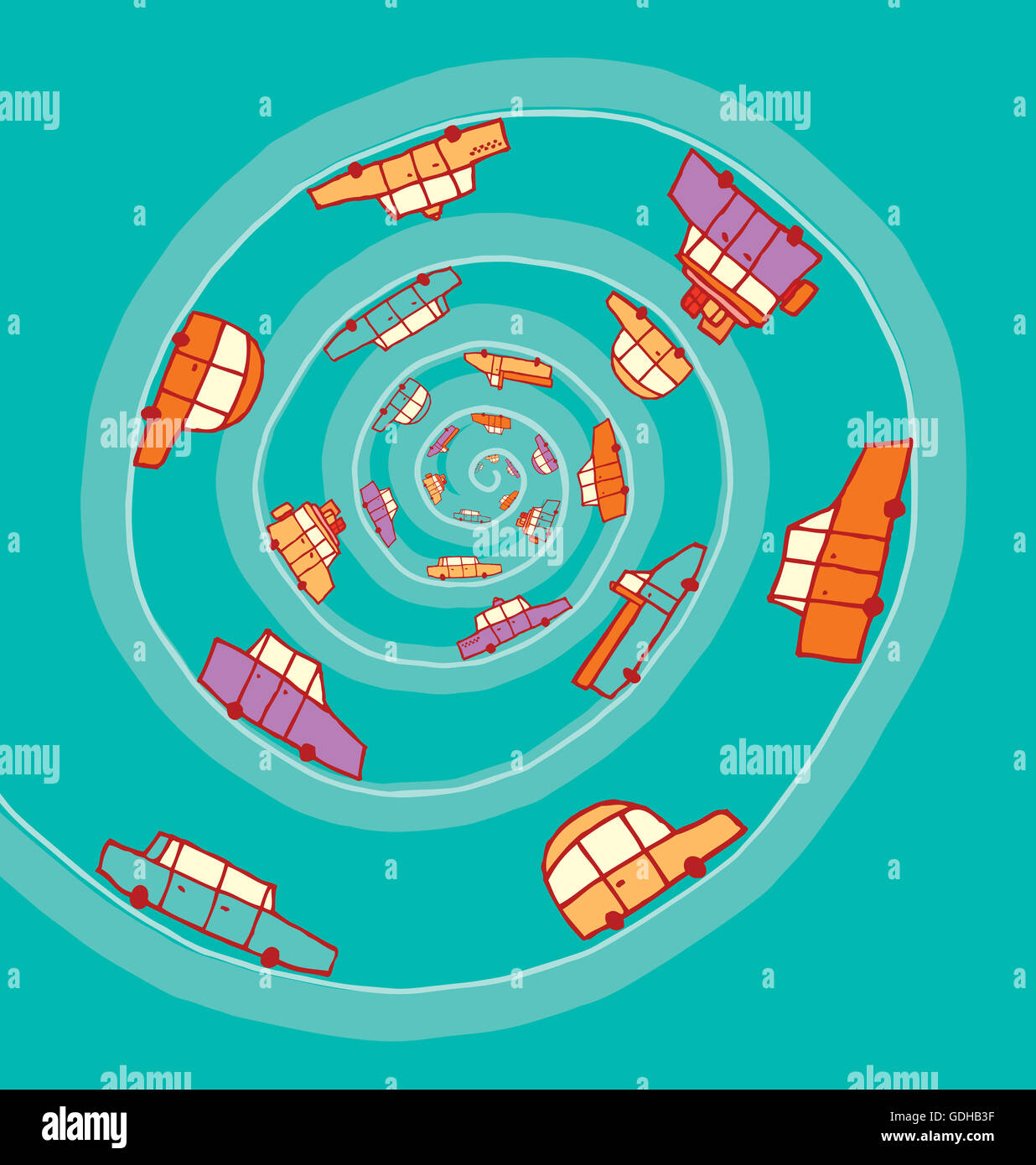 Cartoon illustration of cars entering into an endless spiral Stock