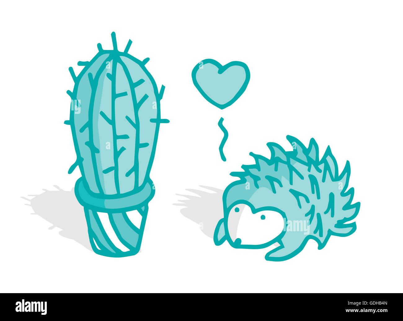 Cute hedgehog in love with a cactus Stock Photo
