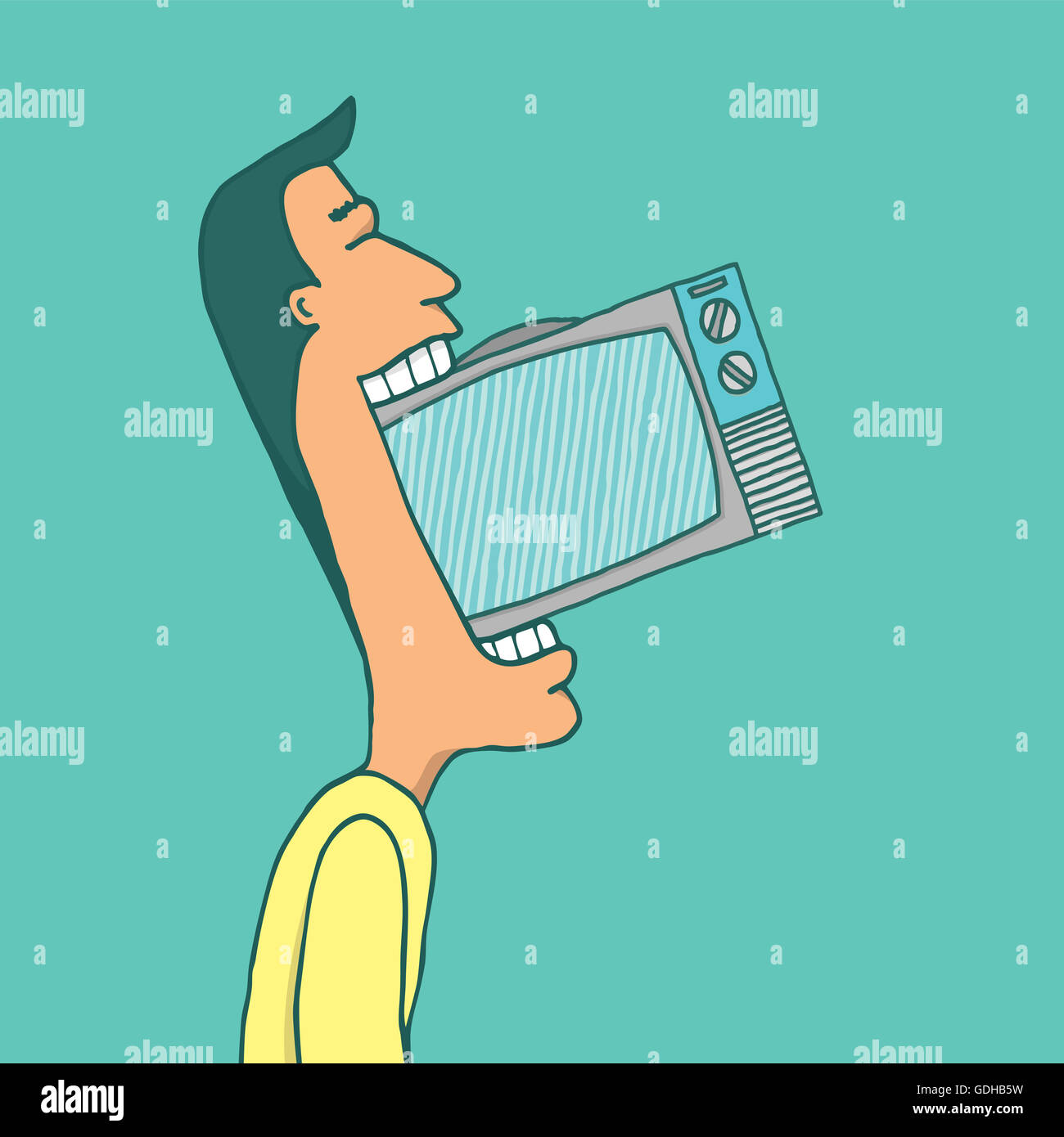 Cartoon illustration of an enthusiastic television addict eating a tv set Stock Photo