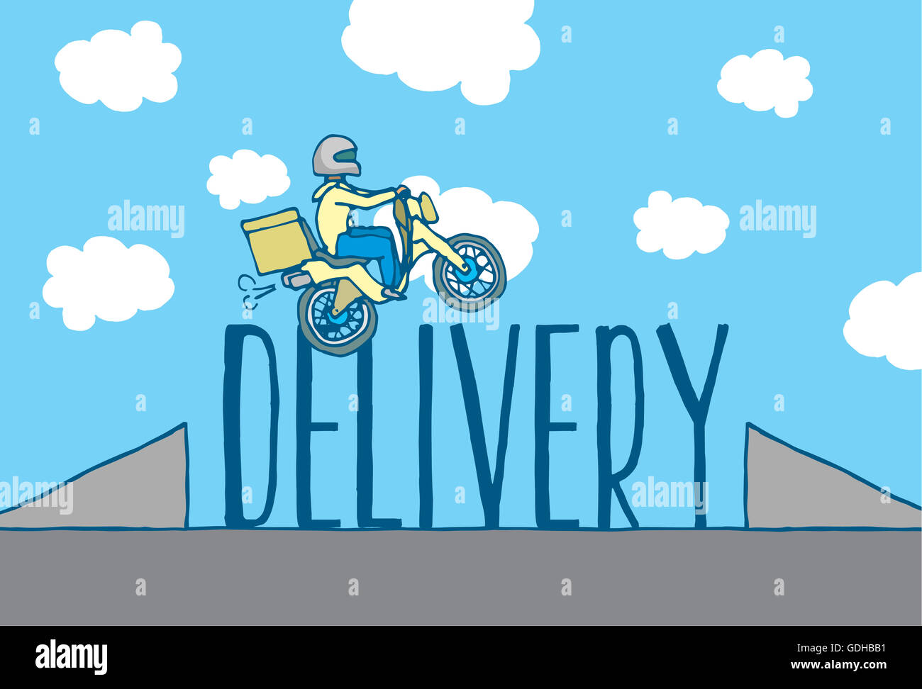 Cartoon illustration of reckless delivery boy jumping ramp on motorcycle Stock Photo