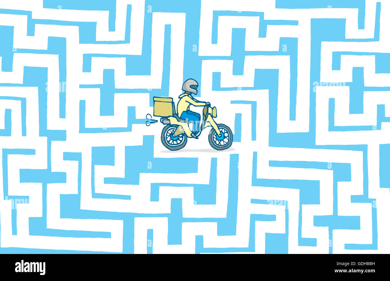 Cartoon illustration of lost delivery boy stranded in maze Stock Photo