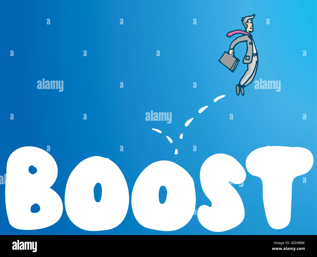 Cartoon illustration of businessman bouncing on boost word Stock Photo