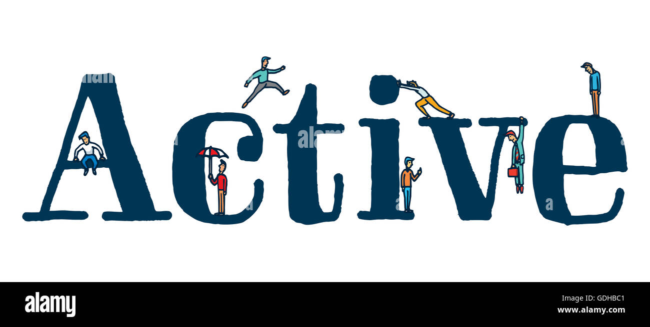 Cartoon illustration of tiny people in action over active word Stock Photo