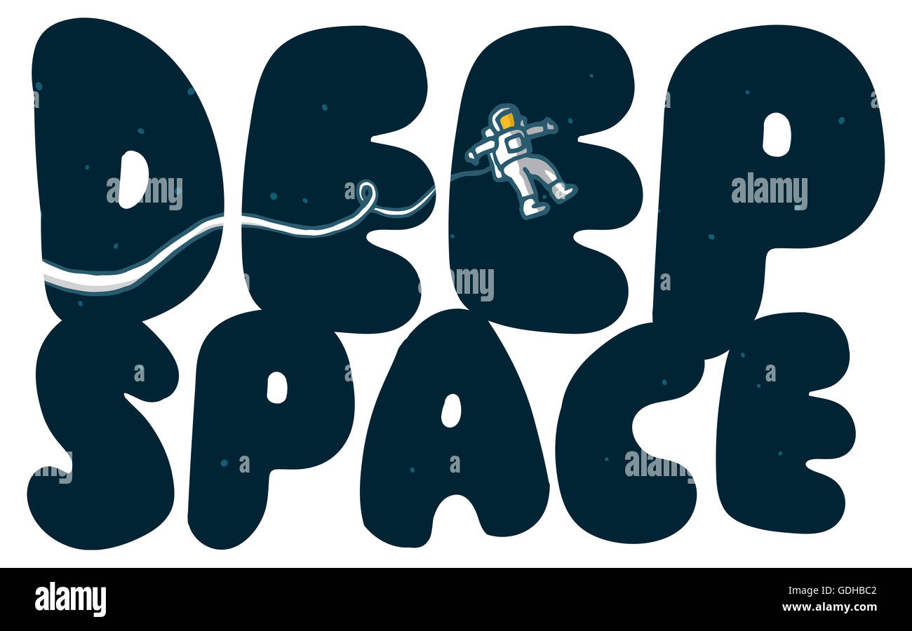 Cartoon illustration of astronaut exploring deep space Stock Photo