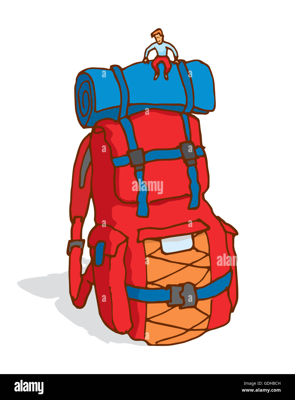 Cartoon illustration of tiny man sitting on huge backpack Stock Photo