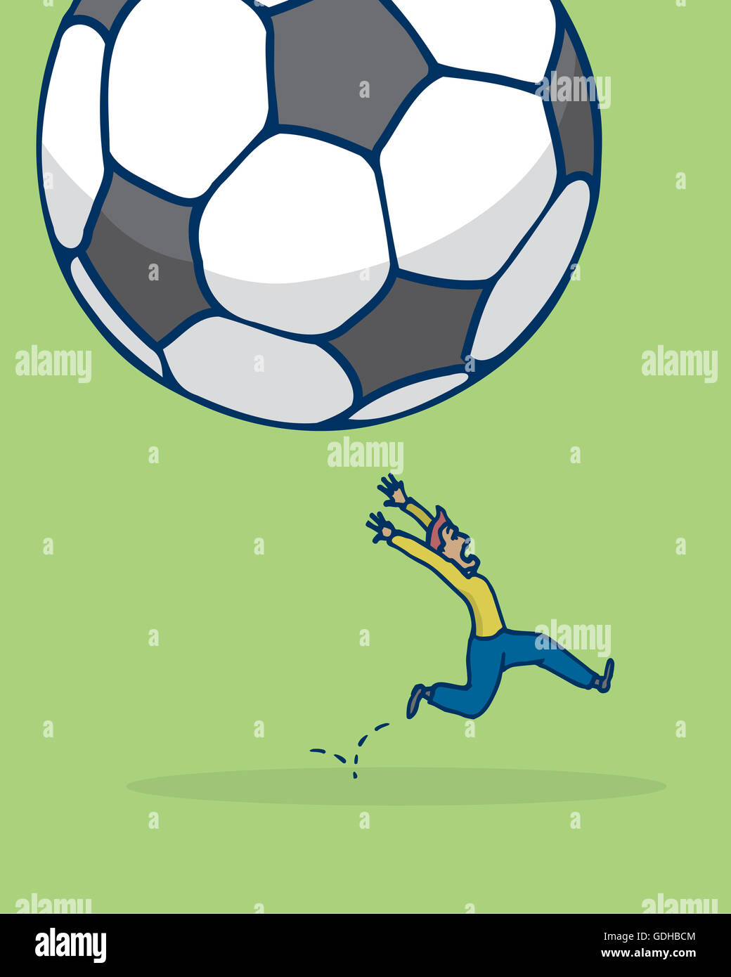 Cartoon illustration of man in panic running from huge soccer ball Stock Photo