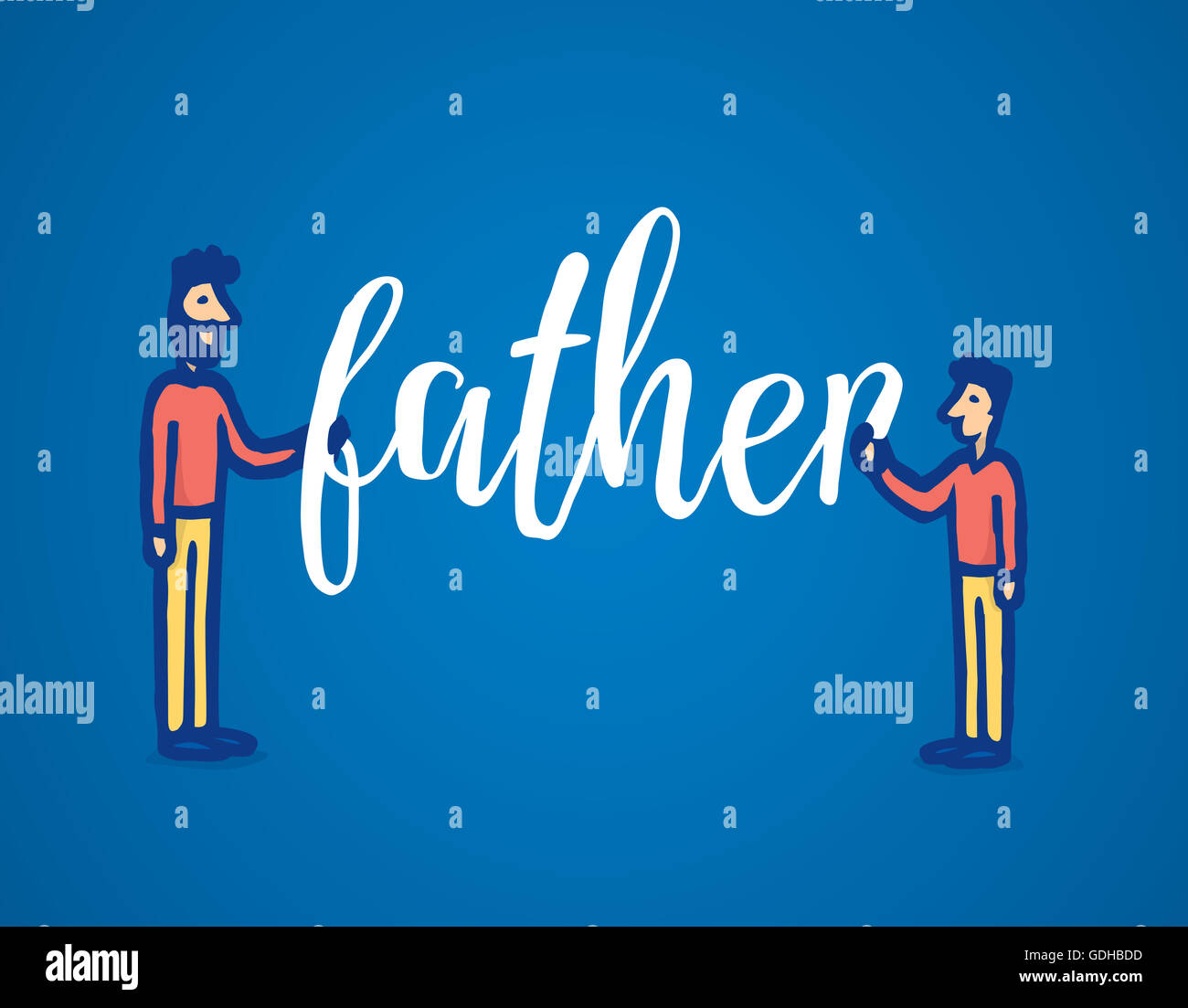 Cartoon illustration of father and son holding word together Stock Photo